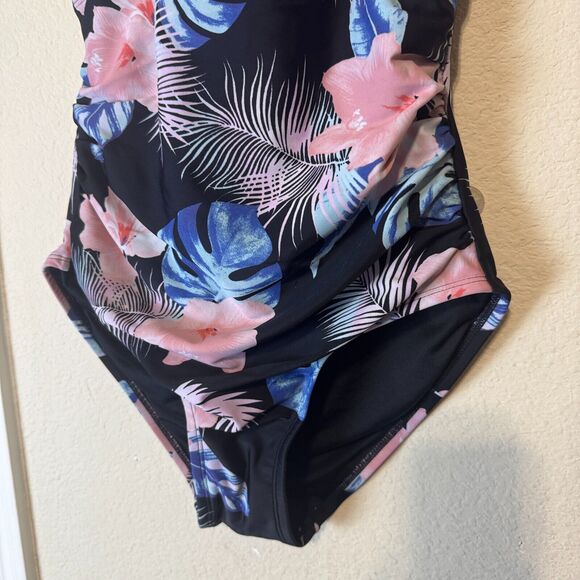 DKNY Swimsuit one piece black floral tropical hibiscus plunge halter sz L - Picture 2 of 8